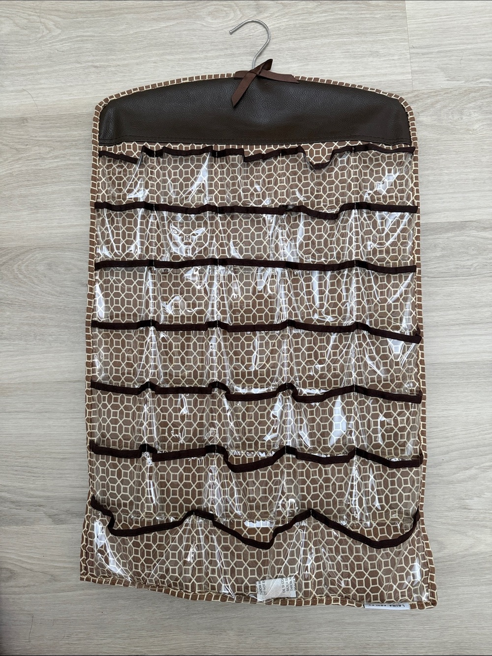 Laura Ashley Brown & Cream Hanging Jewelry Organizer with Clear Pockets
